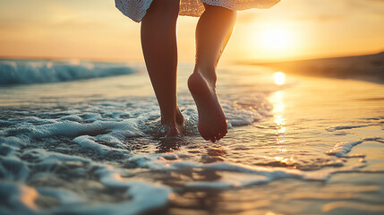 Close up of woman's feet in the water at sunset on beach
