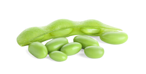 Raw green edamame pod with soybeans isolated on white
