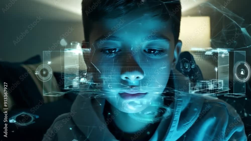 Poster a boy is immersed in a virtual reality experience, gazing intently at holographic visuals glowing in