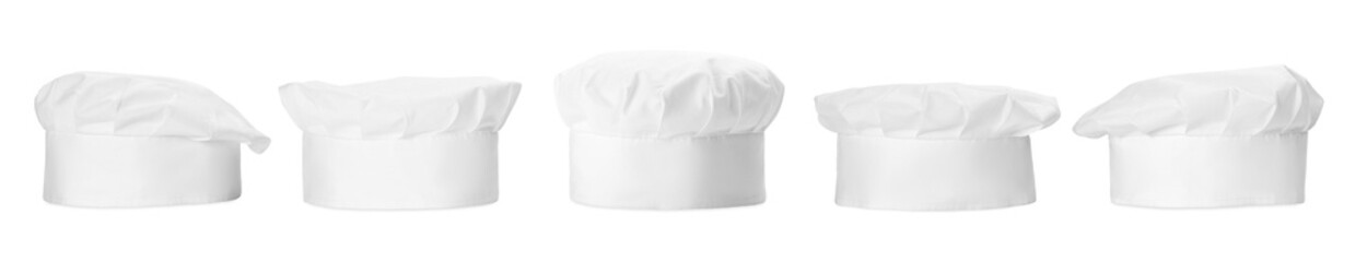 Chef hat isolated on white, collage. Uniform