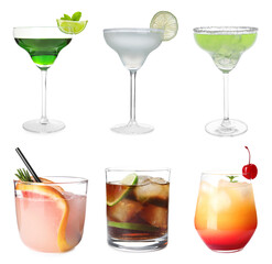 Many different cocktails in glasses isolated on white, collection