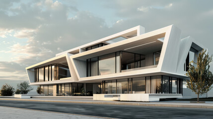 modern building with sky, minimalist style design, blue skies, 3D rendering