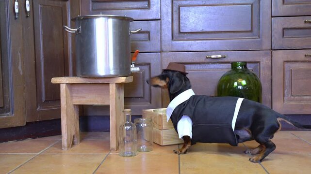 A playful dog in a charming suit is next to kitchen items, blending humor and domesticity beautifully