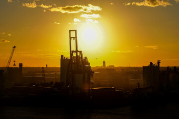 View of the Miami port, is magnificent buildings, cruise ships and the container Crain park
