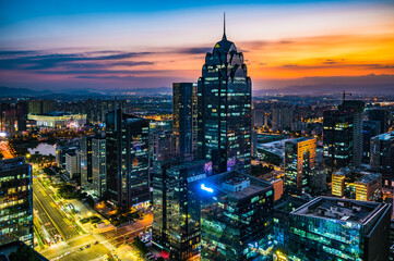 Obraz premium Ningbo city skyline at twilight, China