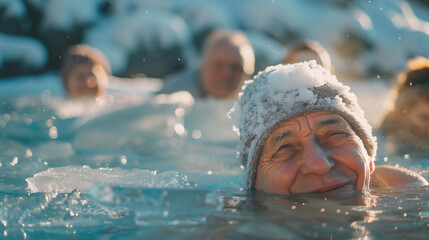 Group of elder swimming and enjoying benefits of cold water.