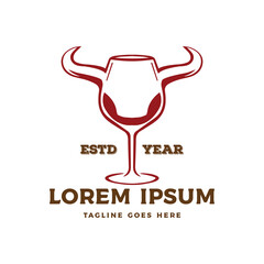 Vintage Wine Glass Goblet with Bull Buffalo or Texas Bison Horn Longhorn for Saloon Bar Icon Symbol Illustration