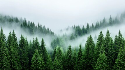 Fog among tall trees panoramic view of a misty evergreen forest with towering trees and abundant timber resources