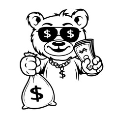 Rich Teddy | Teddy Bear | Dollar Teddy | Teddy w/Sunglasses | Money Bag | Millionaire Teddy Bear | USD Glasses | Teddy Gangster | Original Illustration | Vector and Clipart | Cutfile and Stencil