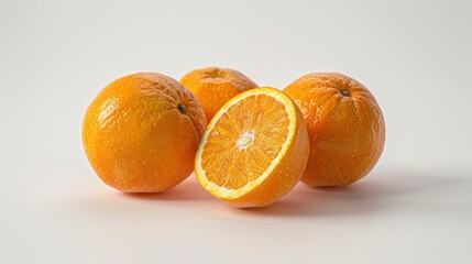 Three Whole Oranges and One Halved Orange on a White Background