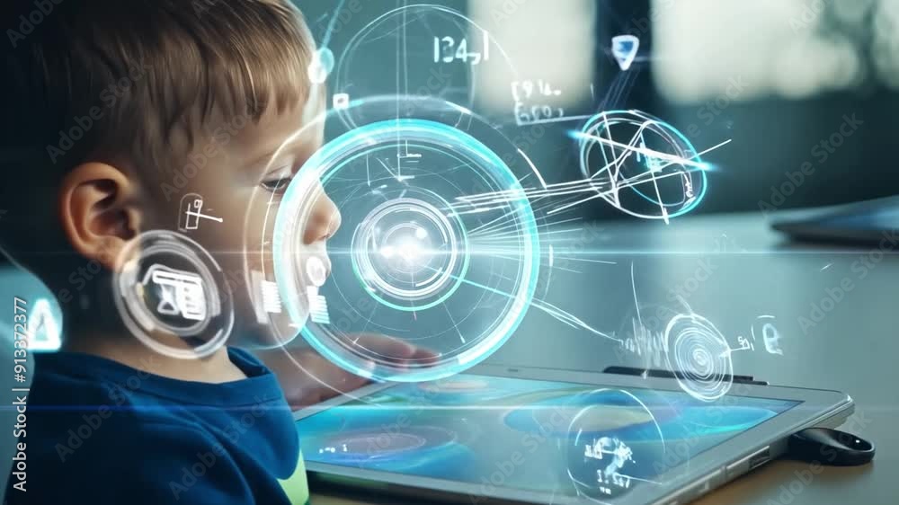 Aufkleber A young child intently interacts with a tablet, exploring colorful graphics while sitting at a table in a contemporary environment.