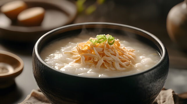A bowl of congee with shredded chicken, scallions, and fried shallots. Steam rises from the bowl, and the surrounding setting is dark and rustic.