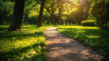 Fototapeta premium A Sunlit Path Winding Through a Lush Green Forest