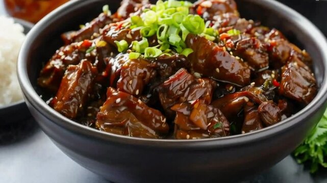filipino pork adobo in bowl with rice in background High quality HD 4K video clips 