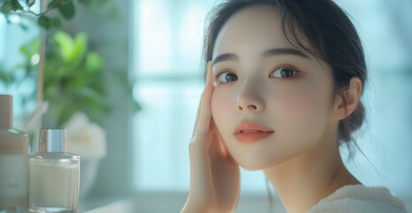 A woman is applying makeup in front of a mirror