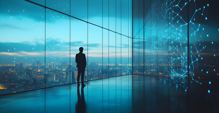 A man stands in front of a large window looking out at the city