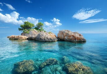 A serene scene of a rocky islet in calm ocean waters, surrounded by crystal clear water and a vibrant blue sky
