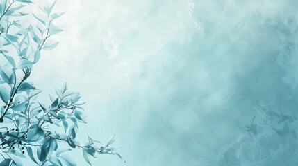 Abstract Blue Background With Soft Green Foliage Branches And White Brushstrokes.