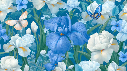 Detailed illustration of irises and peonies with butterflies on a blue background