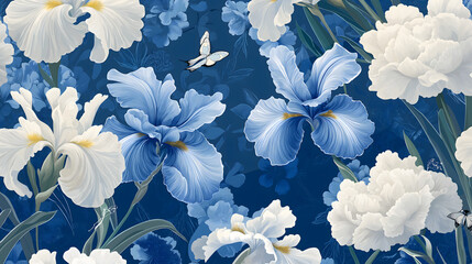 Detailed illustration of irises and peonies with butterflies on a blue background