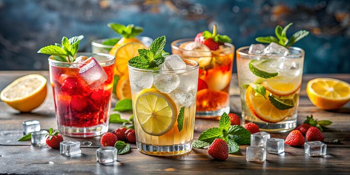 Refreshing summer cocktails drinks with ice cubes , summer, cocktails, drinks, ice, refreshing, cold, beverages, alcohol, fruity