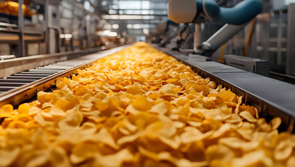 A close-up view of golden potato chips on a conveyor belt in a modern production facility, highlighting the manufacturing process.