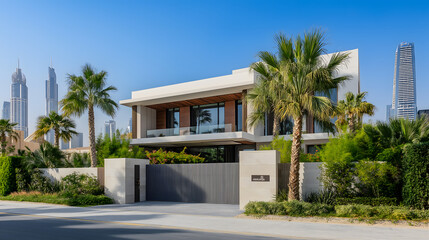 Fototapeta premium A contemporary villa showcasing the latest in modern architectural design, surrounded by lush greenery and palm trees