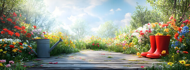A serene garden scene with vibrant flowers, a watering can, and red boots on a wooden path under a bright sky.