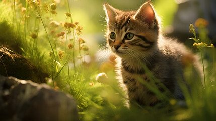 Obraz premium Bengal kitten outdoors with lush green background 