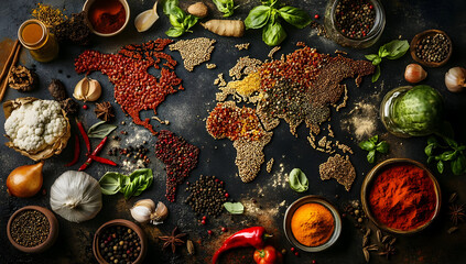 A vibrant world map crafted from various spices and herbs, showcasing the diversity of global culinary ingredients.