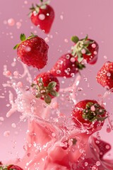 Fresh Strawberries Splashing Into Pink Smoothie Blend