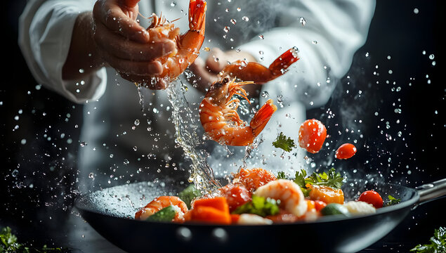 Chef skillfully tossing shrimp and vegetables in a sizzling pan, creating an exciting culinary moment with fresh ingredients.