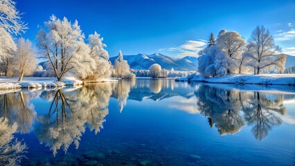 Stunning winter landscape with tranquil lake, snow-covered trees, and distant mountains reflected in clear water under a blue sky