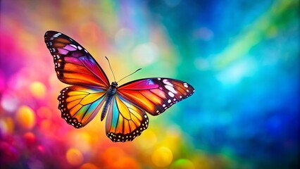 Fototapeta premium Vividly colored butterfly hovering on background, butterfly, beautiful, blue, yellow, orange, flight, isolated,wings, insect