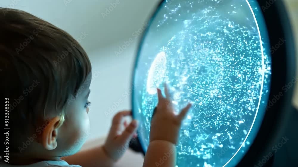 Poster a baby explores a digital interactive screen in a bright playroom, curiously reaching out to touch t