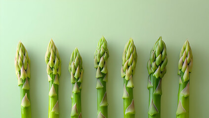 Fresh asparagus arranged on a light green background, showcasing vibrant colors and natural texture.