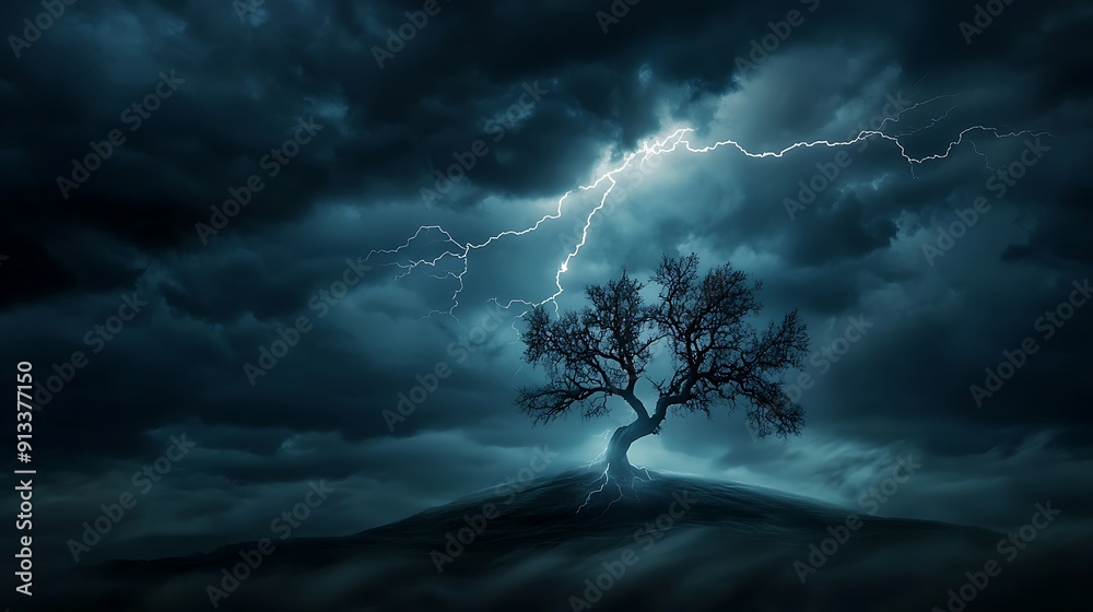 Canvas Prints a dramatic storm scene with lightning striking a tree, highlighting the power of nature with copy sp