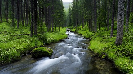 Fototapeta premium Photogenic Forest Path Serene Forest Stream Flowing Through Lush Green Wilderness Landscape