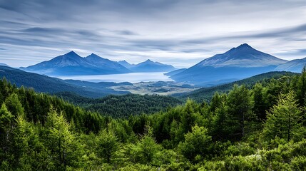Obraz premium A panoramic view of a mountain range with a forest in the foreground, offering ample copy space