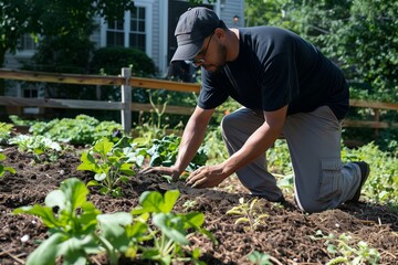 Man Tending to Vegetable Garden in Sunny Backyard During Early Afternoon
