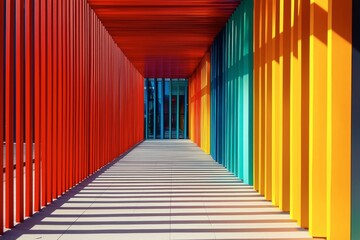 A long hallway with colorful walls and a bright yellow wall