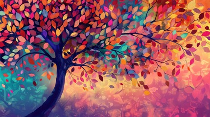 A stylized tree with colorful leaves and a textured background in shades of purple, orange, and yellow.