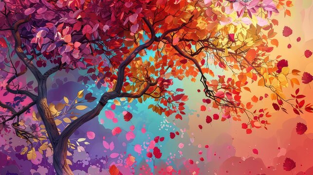A tree with branches reaching up towards a bright sky with leaves of various colors falling from the tree in a vibrant artistic style.