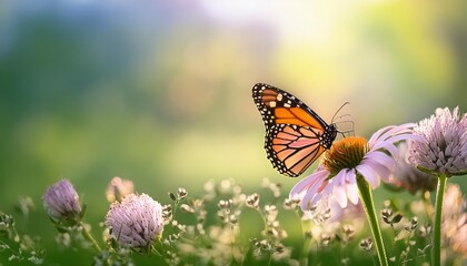 Naklejka premium Monarch butterfly perched on a delicate flower in a sunlit meadow with a blurred green backg