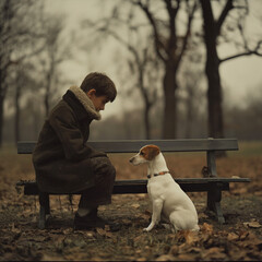 Young boy and dog sharing a quiet moment on a park bench in autumn