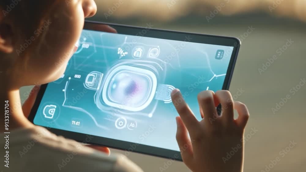 Aufkleber A child engages with a touchscreen tablet, exploring its interface with keen interest in a warm, softly lit indoor environment.