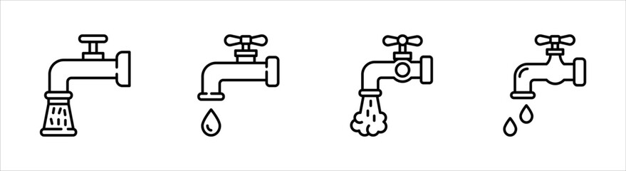Water tap icon set, Black illustration isolated on white background for graphic and web design.