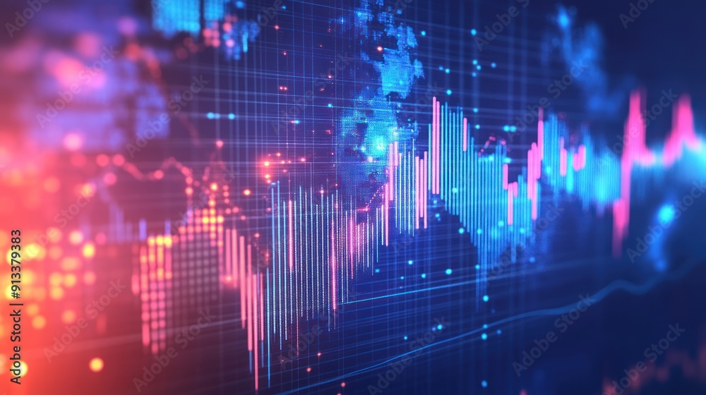 Poster Abstract digital world map with glowing lines and data visualization
