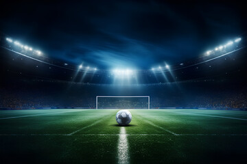 3d rendering of sport concept background - soccer footbal stadium with floodlights. Grass fooball pitch with mark up and soccer goal with net