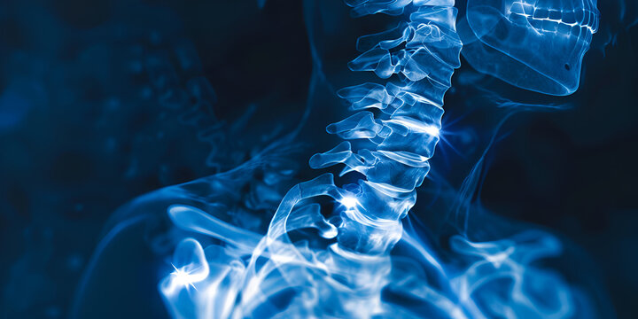 X-ray view of the human cervical spine, revealing the intricate details of vertebrae and spinal alignment with a medical focus